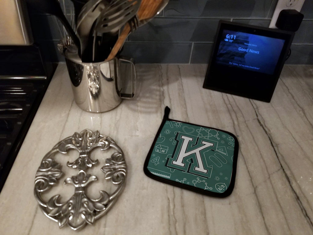 Letter K Back to School Initial Pot Holder Set of 2 Heat Resistant Quilted Hot Pads 7.5 x 7.5 Inch, Insulated Kitchen Trivets for Cooking & Baking