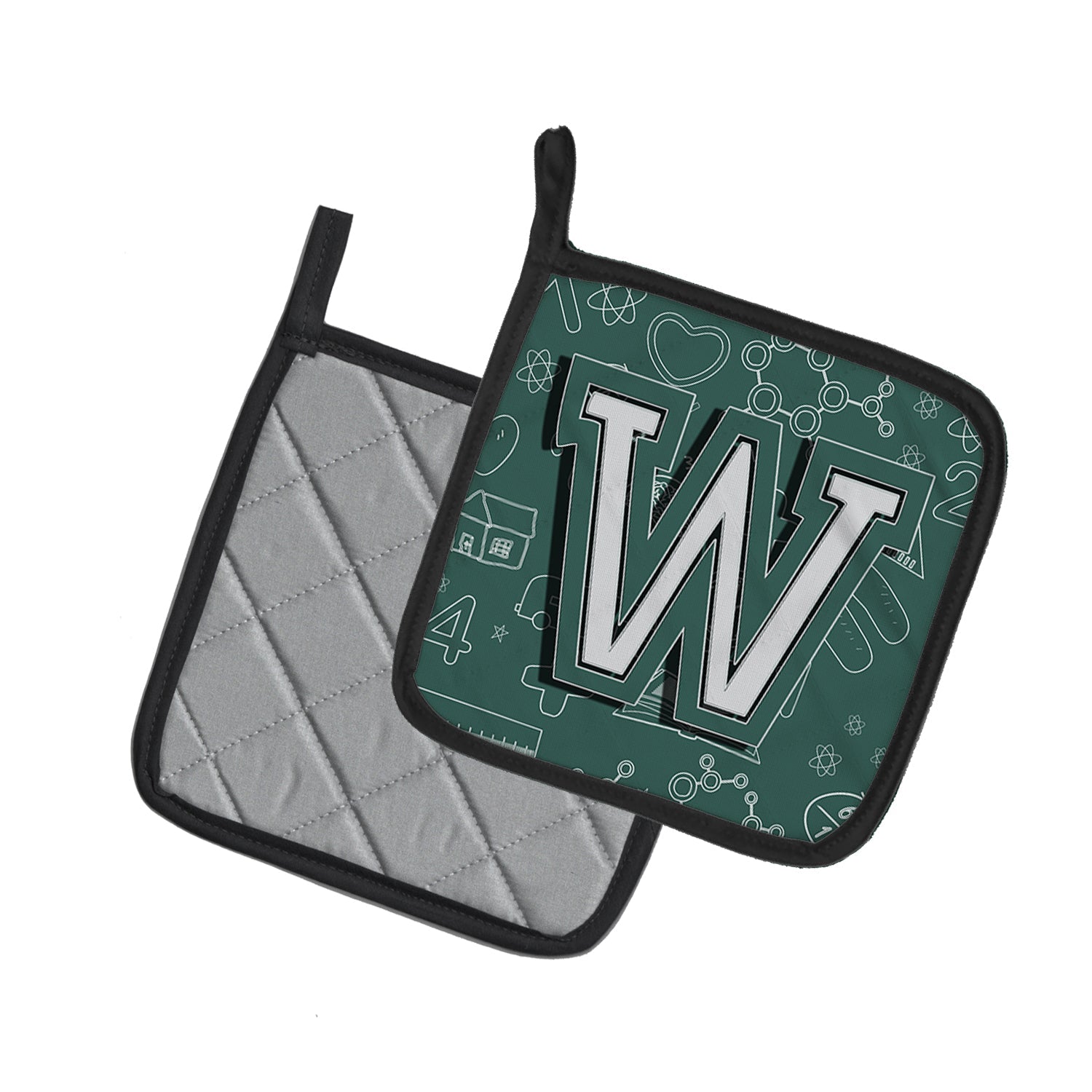 Letter W Back to School Initial Pot Holder Set of 2 Heat Resistant Quilted Hot Pads 7.5 x 7.5 Inch, Insulated Kitchen Trivets for Cooking & Baking