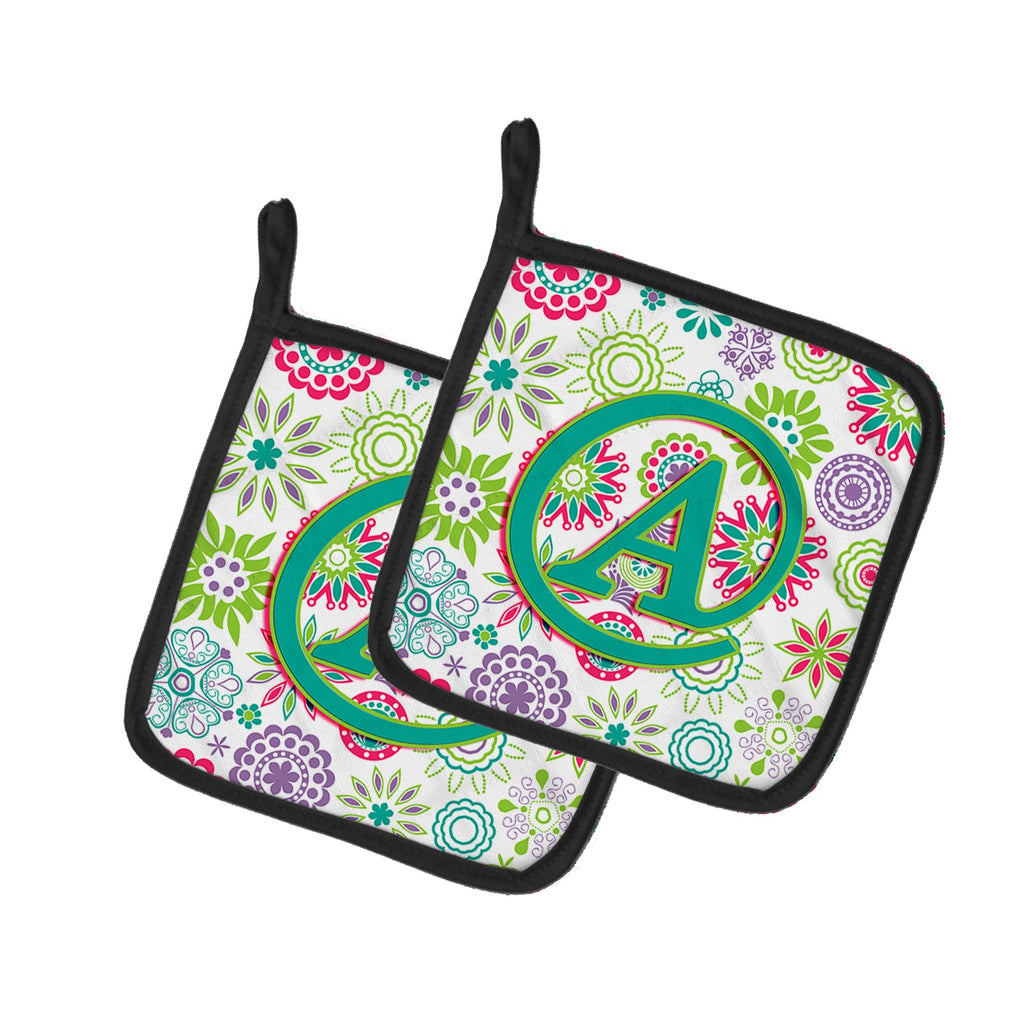Letter A Flowers Pink Teal Green Initial Pot Holder Set of 2 Heat Resistant Quilted Hot Pads 7.5 x 7.5 Inch, Insulated Kitchen Trivets for Cooking & Baking