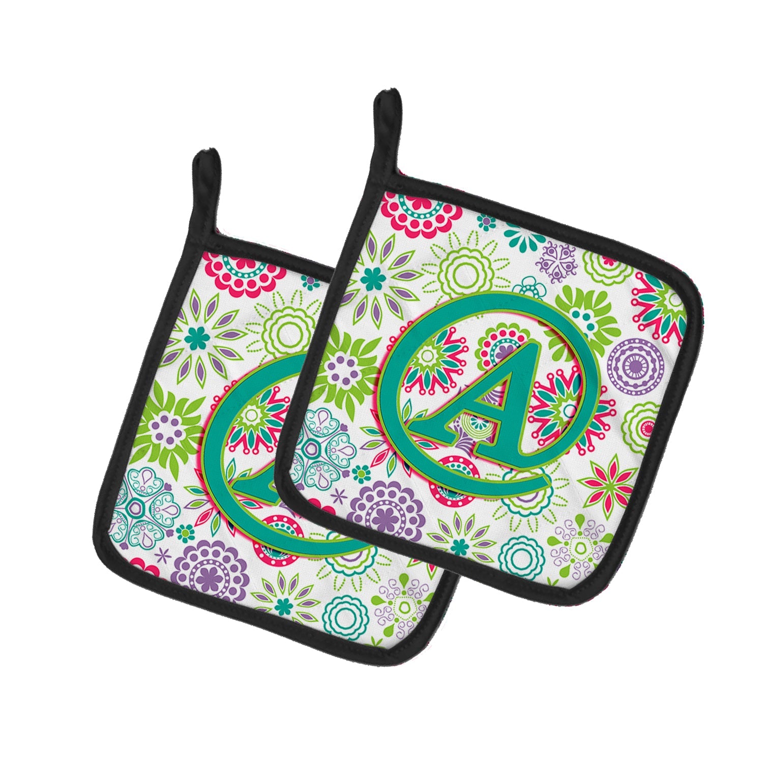 Letter A Flowers Pink Teal Green Initial Pot Holder Set of 2 Heat Resistant Quilted Hot Pads 7.5 x 7.5 Inch, Insulated Kitchen Trivets for Cooking & Baking