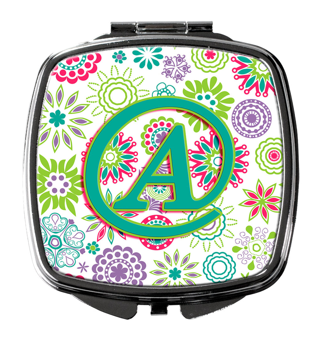Letter A Flowers Pink Teal Green Initial Compact Mirror Decorative Travel Makeup Mirror for Women Girls Gifts Pocket Makeup Mirror Folding Handheld