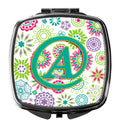 Letter A Flowers Pink Teal Green Initial Compact Mirror Decorative Travel Makeup Mirror for Women Girls Gifts Pocket Makeup Mirror Folding Handheld