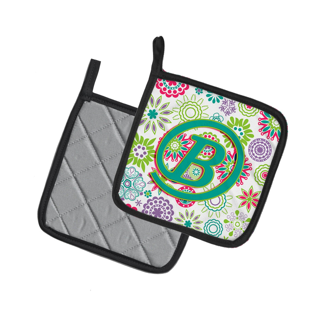 Letter B Flowers Pink Teal Green Initial Pot Holder Set of 2 Heat Resistant Quilted Hot Pads 7.5 x 7.5 Inch, Insulated Kitchen Trivets for Cooking & Baking