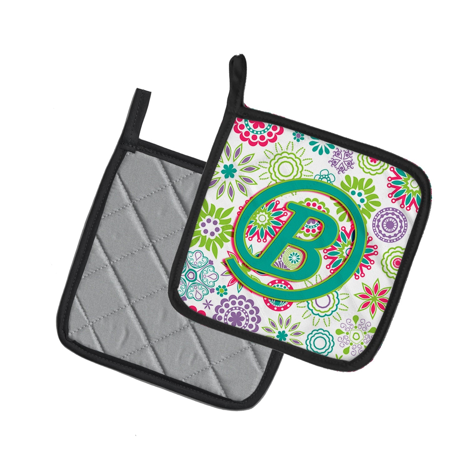 Letter B Flowers Pink Teal Green Initial Pot Holder Set of 2 Heat Resistant Quilted Hot Pads 7.5 x 7.5 Inch, Insulated Kitchen Trivets for Cooking & Baking