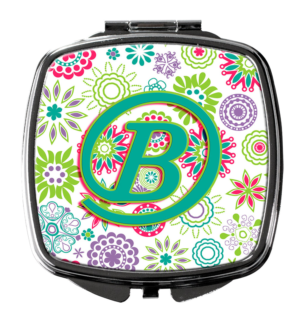 Letter B Flowers Pink Teal Green Initial Compact Mirror Decorative Travel Makeup Mirror for Women Girls Gifts Pocket Makeup Mirror Folding Handheld