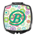 Letter B Flowers Pink Teal Green Initial Compact Mirror Decorative Travel Makeup Mirror for Women Girls Gifts Pocket Makeup Mirror Folding Handheld