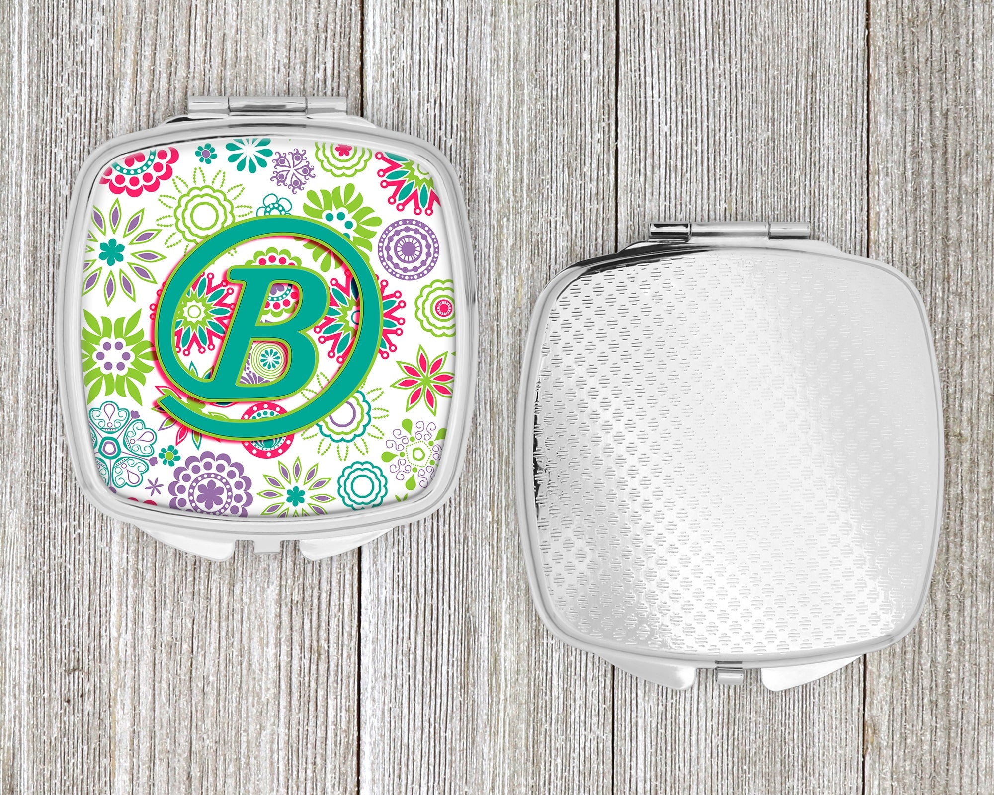 Letter B Flowers Pink Teal Green Initial Compact Mirror Decorative Travel Makeup Mirror for Women Girls Gifts Pocket Makeup Mirror Folding Handheld