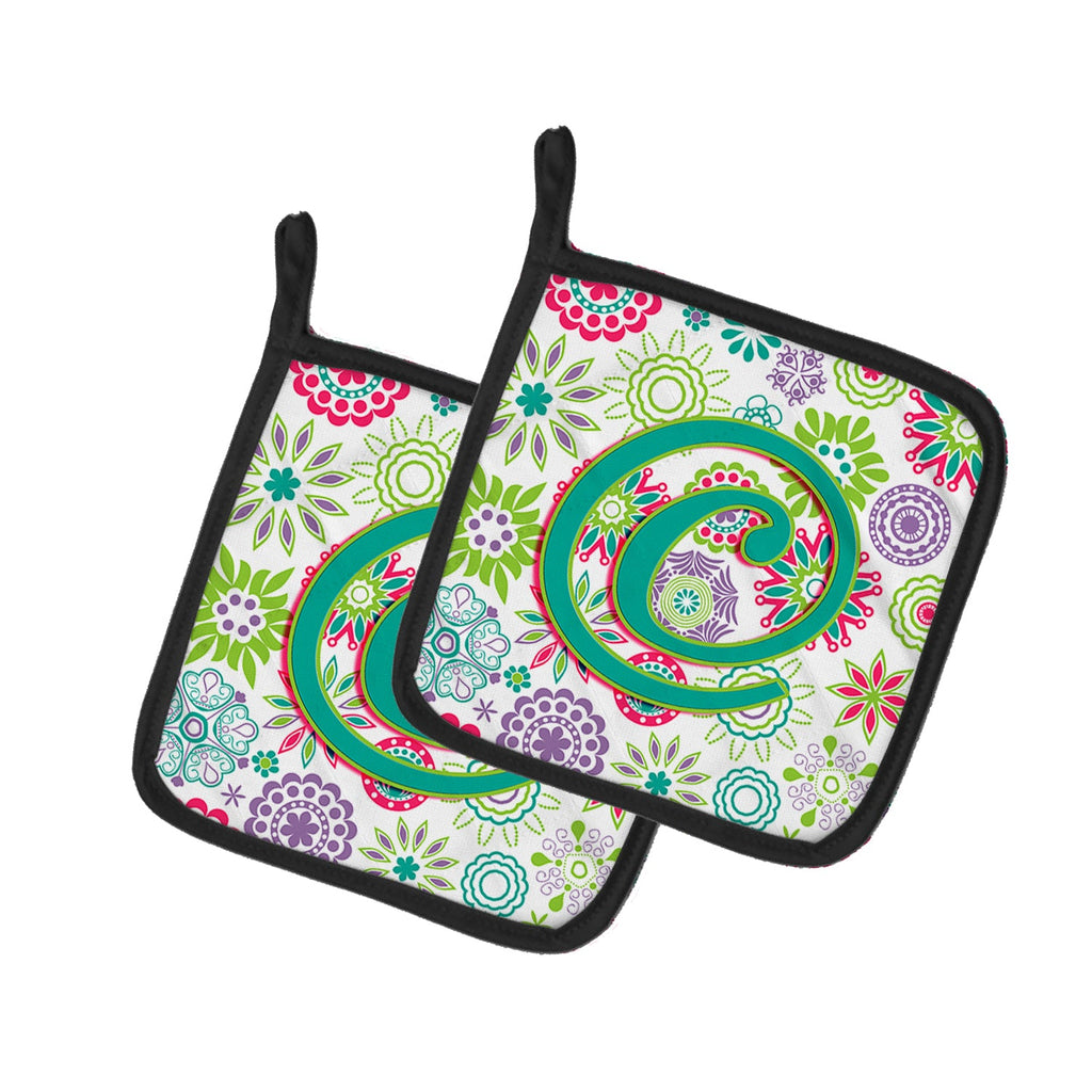 Letter C Flowers Pink Teal Green Initial Pot Holder Set of 2 Heat Resistant Quilted Hot Pads 7.5 x 7.5 Inch, Insulated Kitchen Trivets for Cooking & Baking