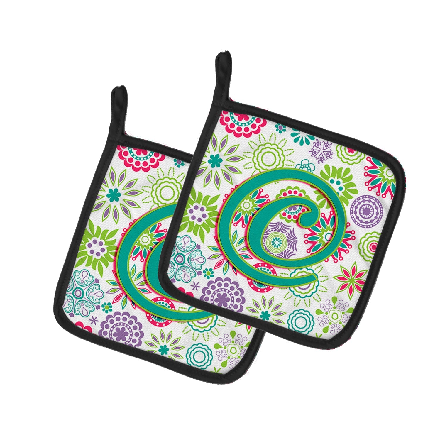 Letter C Flowers Pink Teal Green Initial Pot Holder Set of 2 Heat Resistant Quilted Hot Pads 7.5 x 7.5 Inch, Insulated Kitchen Trivets for Cooking & Baking