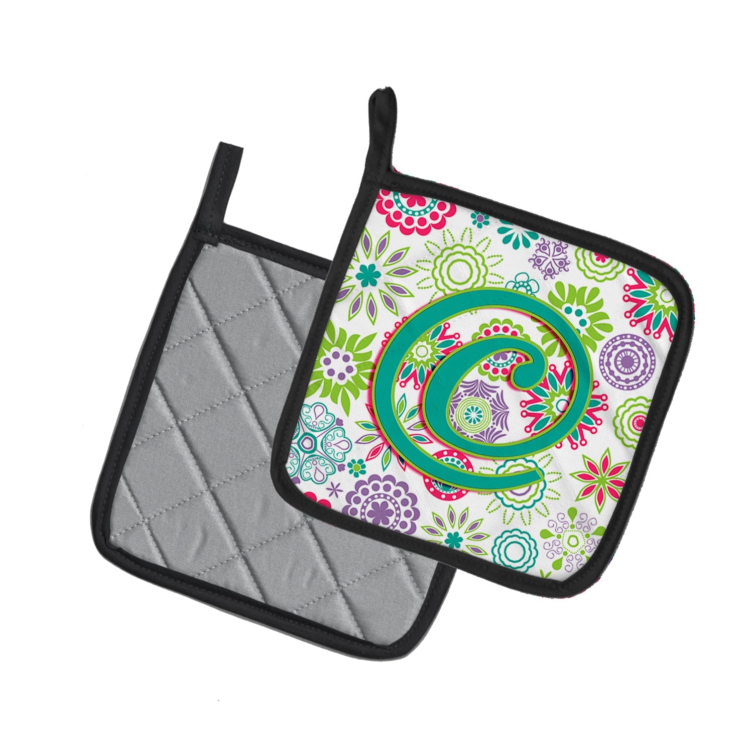 Letter C Flowers Pink Teal Green Initial Pot Holder Set of 2 Heat Resistant Quilted Hot Pads 7.5 x 7.5 Inch, Insulated Kitchen Trivets for Cooking & Baking