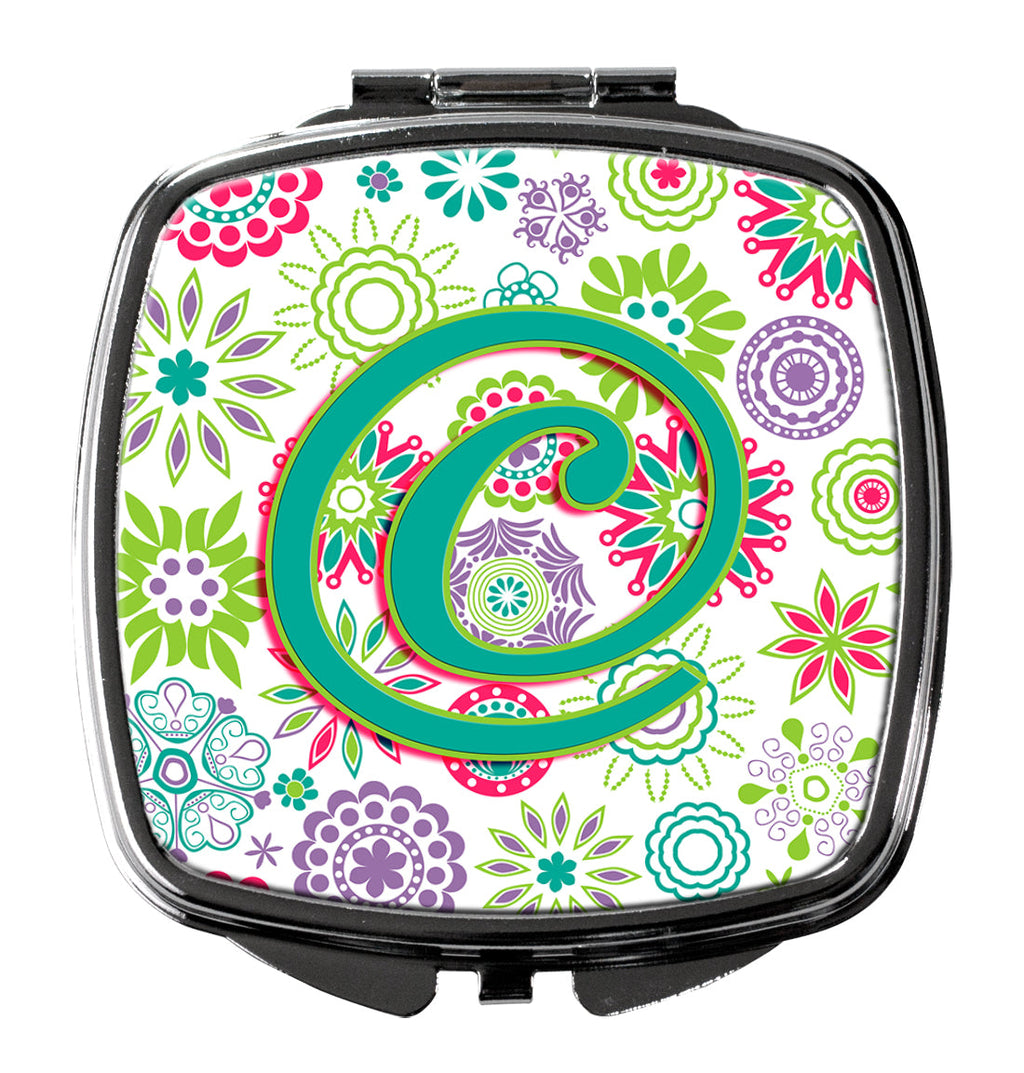 Letter C Flowers Pink Teal Green Initial Compact Mirror Decorative Travel Makeup Mirror for Women Girls Gifts Pocket Makeup Mirror Folding Handheld