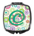 Letter C Flowers Pink Teal Green Initial Compact Mirror Decorative Travel Makeup Mirror for Women Girls Gifts Pocket Makeup Mirror Folding Handheld