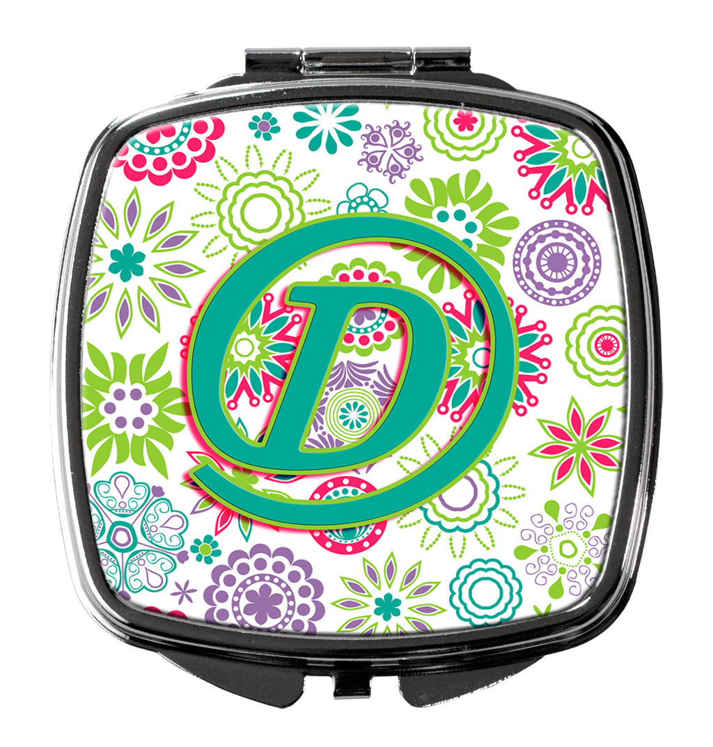 Letter D Flowers Pink Teal Green Initial Compact Mirror Decorative Travel Makeup Mirror for Women Girls Gifts Pocket Makeup Mirror Folding Handheld