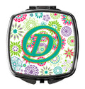 Letter D Flowers Pink Teal Green Initial Compact Mirror Decorative Travel Makeup Mirror for Women Girls Gifts Pocket Makeup Mirror Folding Handheld