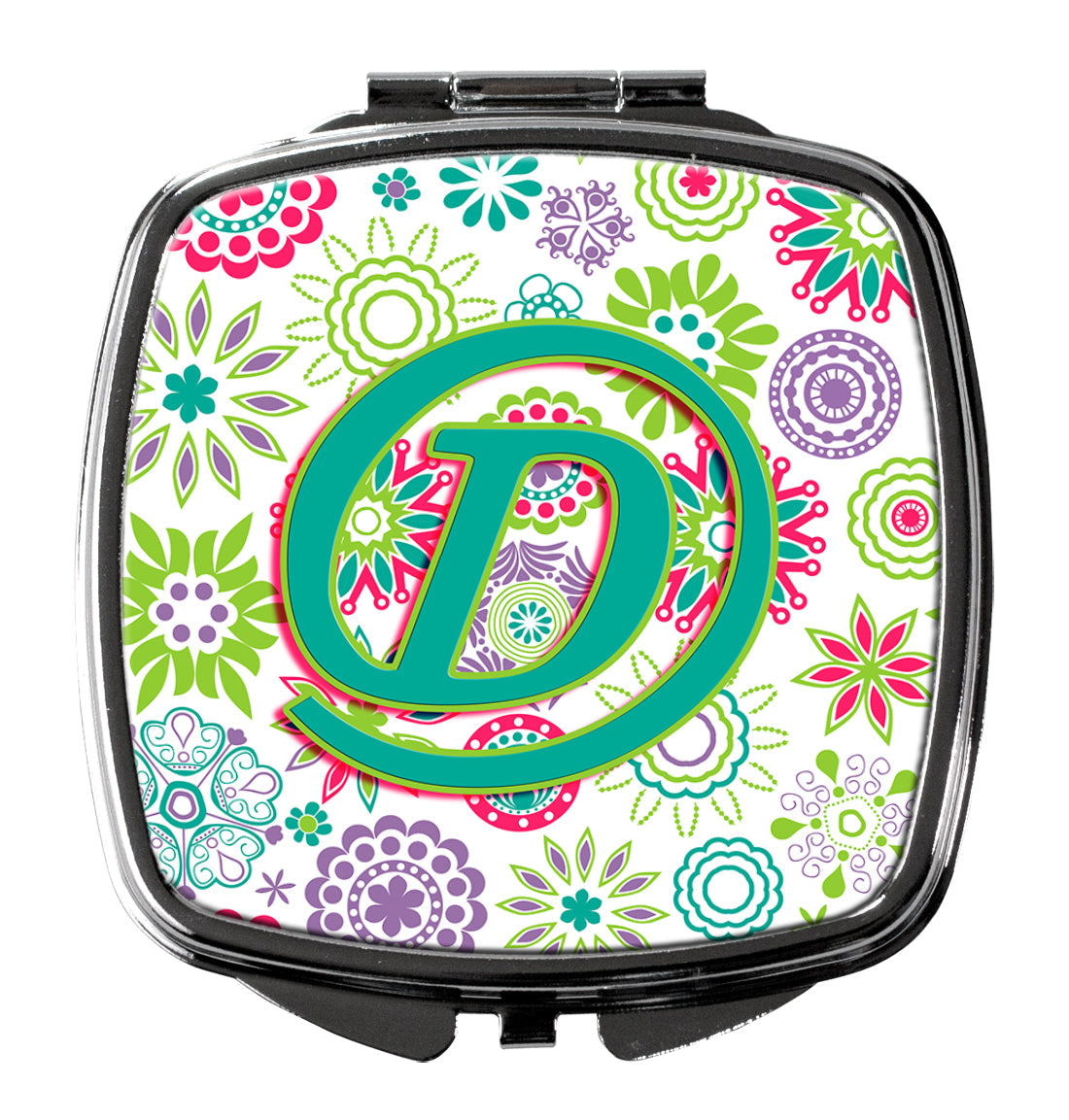 Letter D Flowers Pink Teal Green Initial Compact Mirror Decorative Travel Makeup Mirror for Women Girls Gifts Pocket Makeup Mirror Folding Handheld