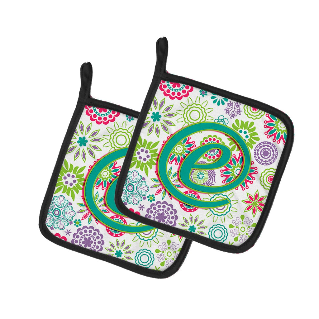 Letter E Flowers Pink Teal Green Initial Pot Holder Set of 2 Heat Resistant Quilted Hot Pads 7.5 x 7.5 Inch, Insulated Kitchen Trivets for Cooking & Baking