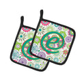 Letter E Flowers Pink Teal Green Initial Pot Holder Set of 2 Heat Resistant Quilted Hot Pads 7.5 x 7.5 Inch, Insulated Kitchen Trivets for Cooking & Baking