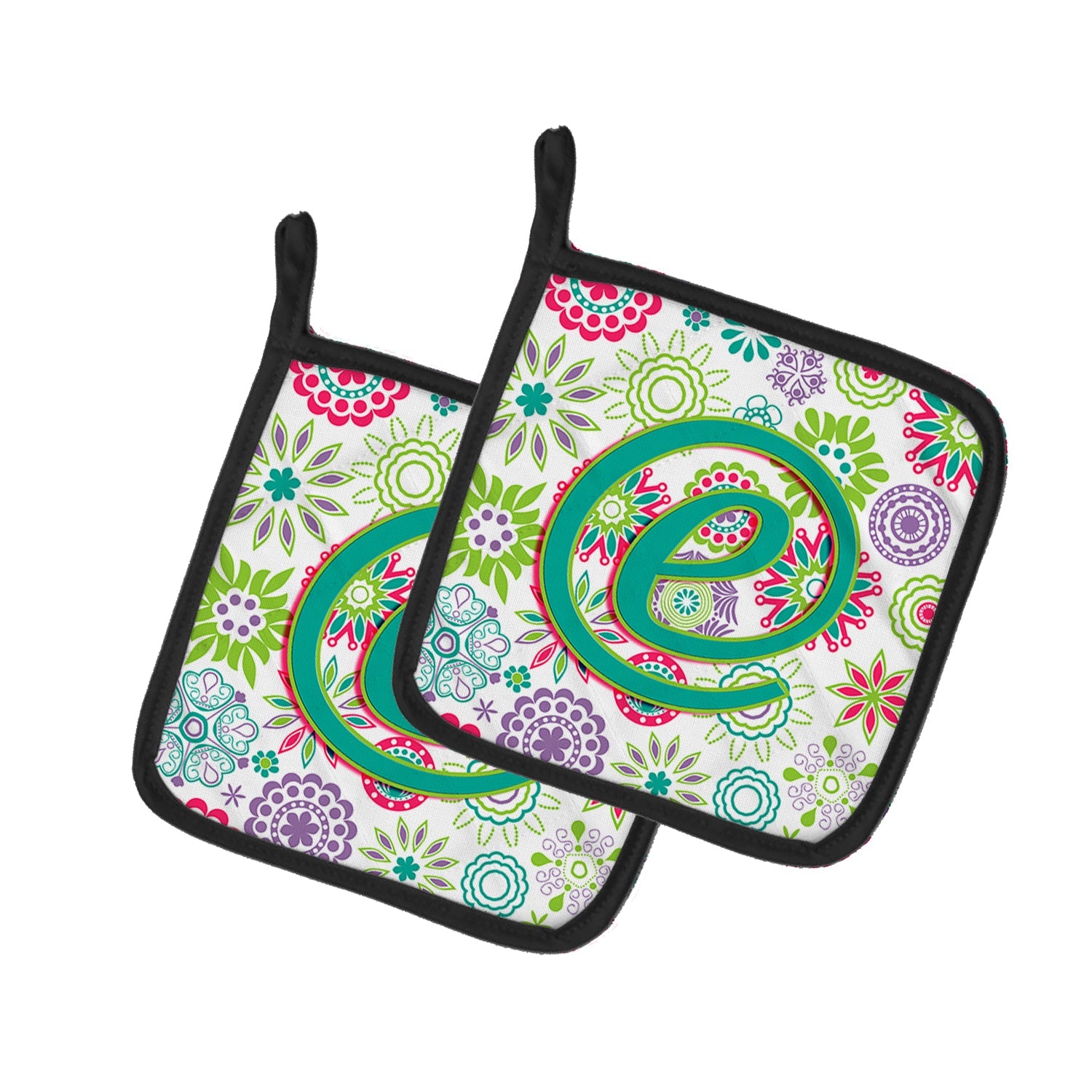 Letter E Flowers Pink Teal Green Initial Pot Holder Set of 2 Heat Resistant Quilted Hot Pads 7.5 x 7.5 Inch, Insulated Kitchen Trivets for Cooking & Baking