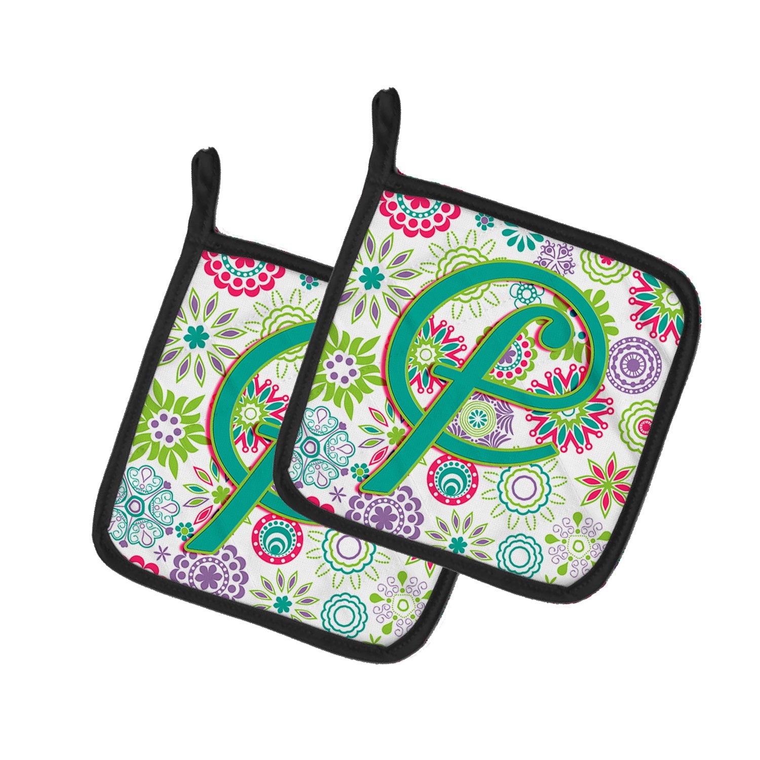 Letter F Flowers Pink Teal Green Initial Pot Holder Set of 2 Heat Resistant Quilted Hot Pads 7.5 x 7.5 Inch, Insulated Kitchen Trivets for Cooking & Baking