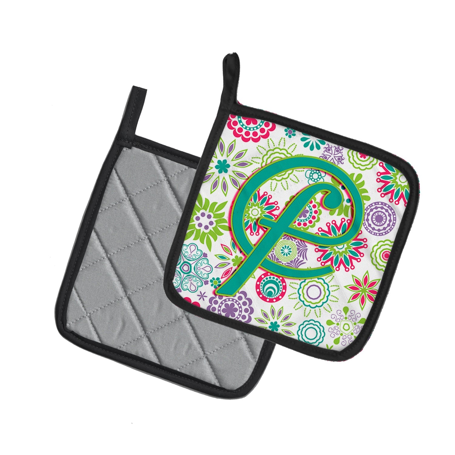 Letter F Flowers Pink Teal Green Initial Pot Holder Set of 2 Heat Resistant Quilted Hot Pads 7.5 x 7.5 Inch, Insulated Kitchen Trivets for Cooking & Baking