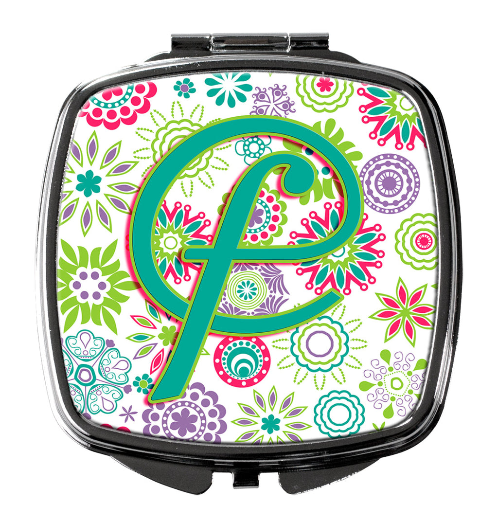 Letter F Flowers Pink Teal Green Initial Compact Mirror Decorative Travel Makeup Mirror for Women Girls Gifts Pocket Makeup Mirror Folding Handheld