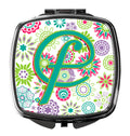 Letter F Flowers Pink Teal Green Initial Compact Mirror Decorative Travel Makeup Mirror for Women Girls Gifts Pocket Makeup Mirror Folding Handheld