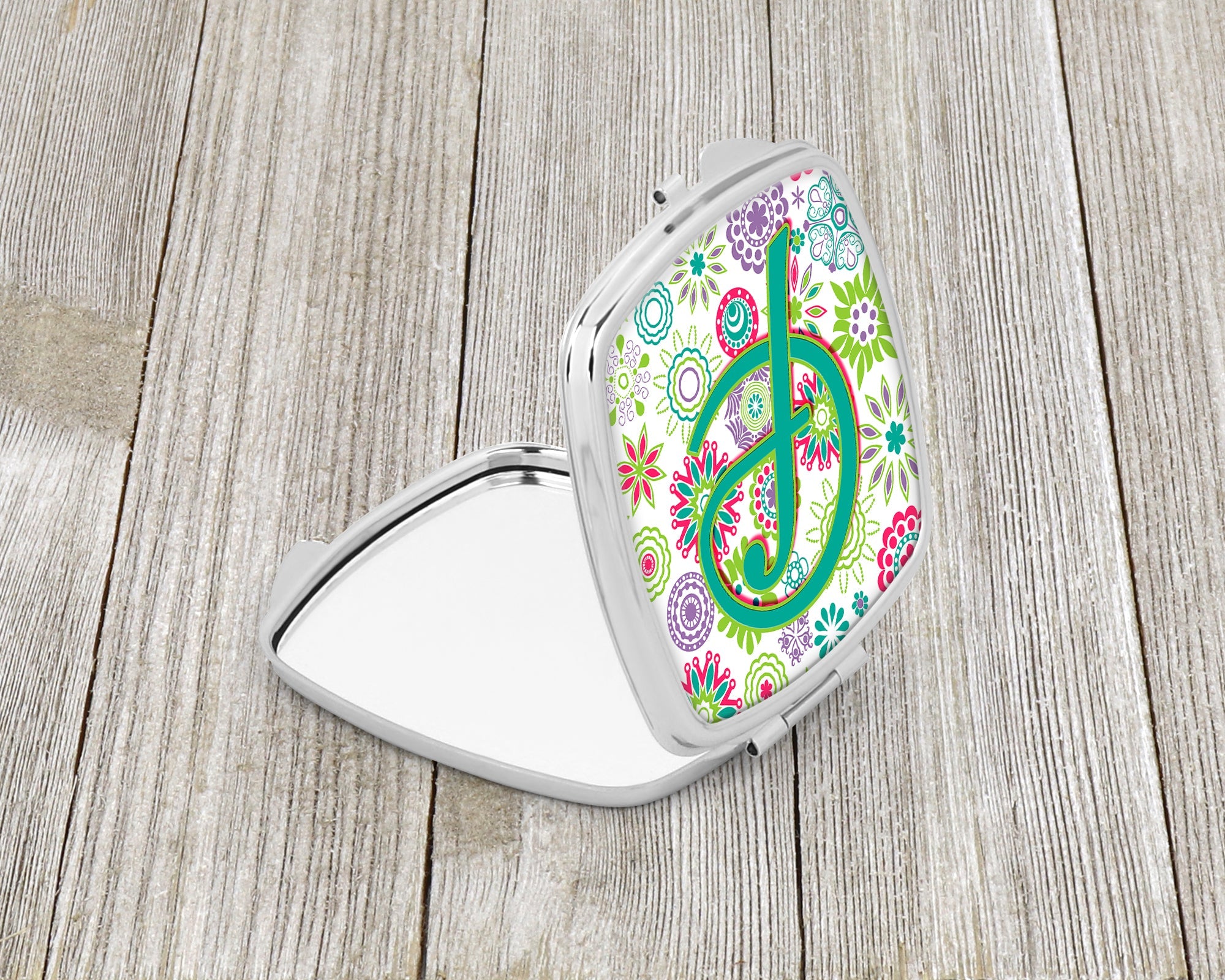 Letter F Flowers Pink Teal Green Initial Compact Mirror Decorative Travel Makeup Mirror for Women Girls Gifts Pocket Makeup Mirror Folding Handheld