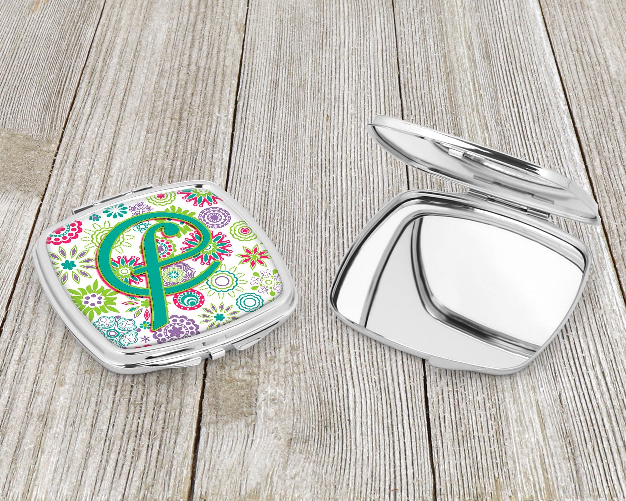 Letter F Flowers Pink Teal Green Initial Compact Mirror Decorative Travel Makeup Mirror for Women Girls Gifts Pocket Makeup Mirror Folding Handheld