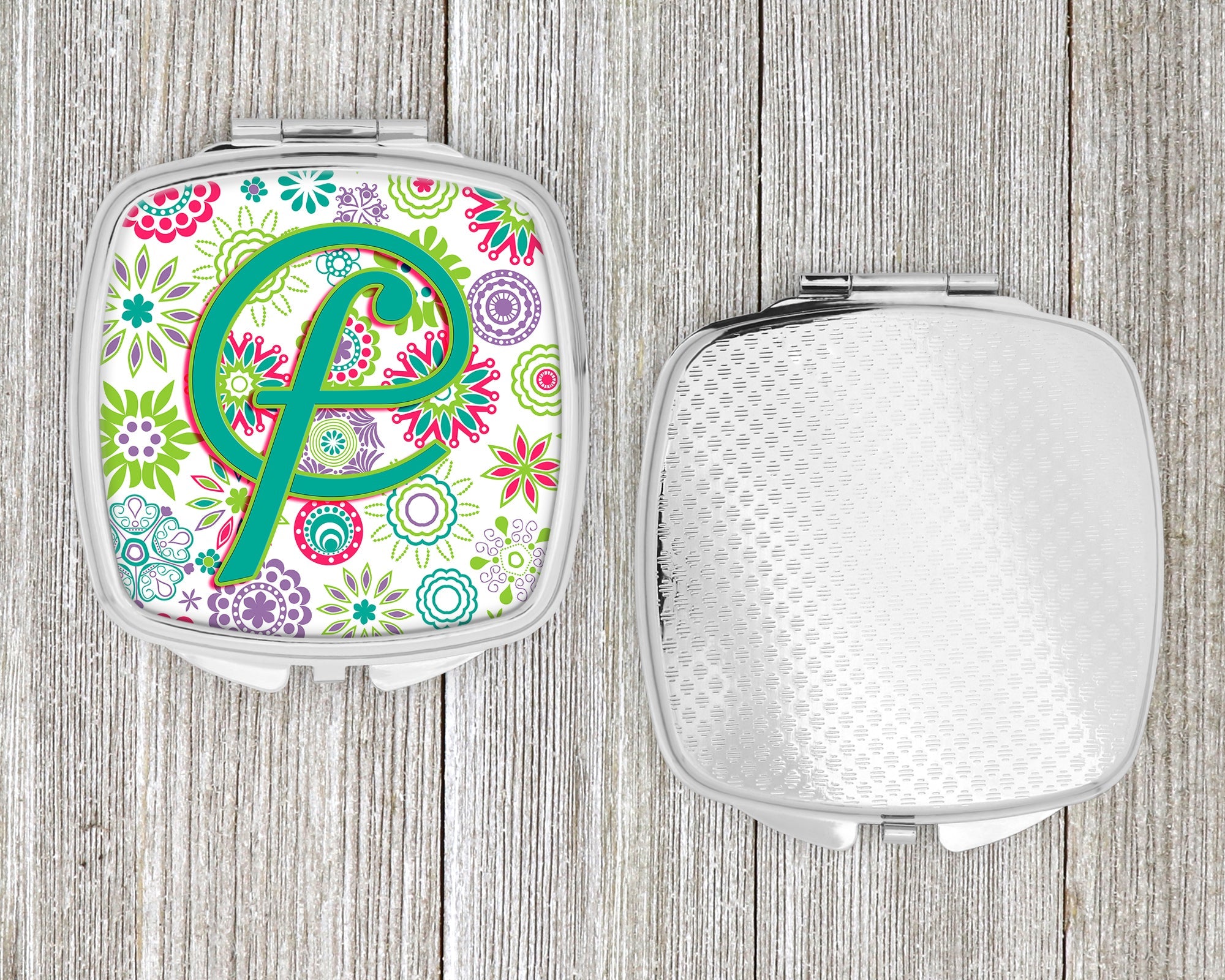 Letter F Flowers Pink Teal Green Initial Compact Mirror Decorative Travel Makeup Mirror for Women Girls Gifts Pocket Makeup Mirror Folding Handheld