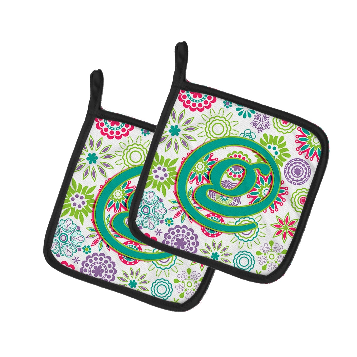 Letter G Flowers Pink Teal Green Initial Pot Holder Set of 2 Heat Resistant Quilted Hot Pads 7.5 x 7.5 Inch, Insulated Kitchen Trivets for Cooking & Baking