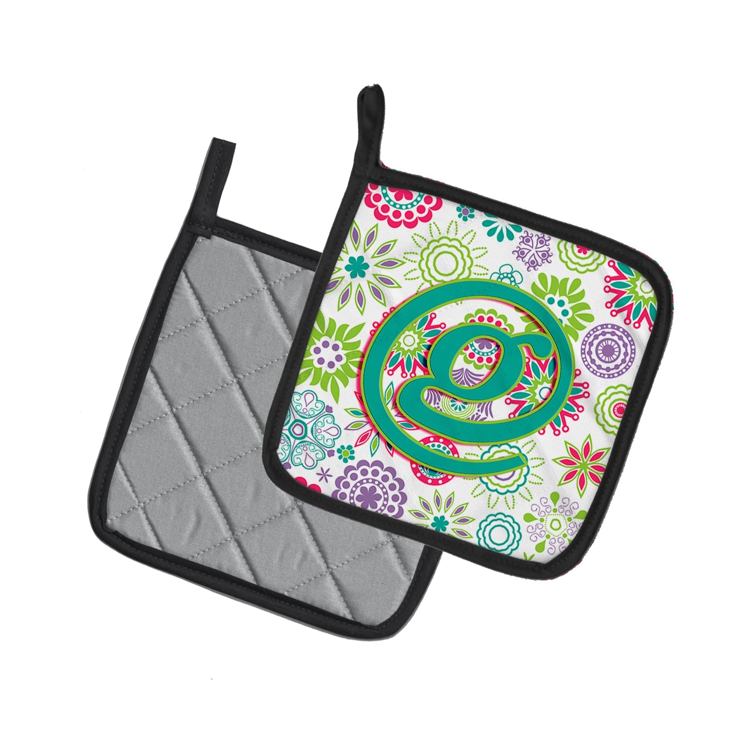 Letter G Flowers Pink Teal Green Initial Pot Holder Set of 2 Heat Resistant Quilted Hot Pads 7.5 x 7.5 Inch, Insulated Kitchen Trivets for Cooking & Baking