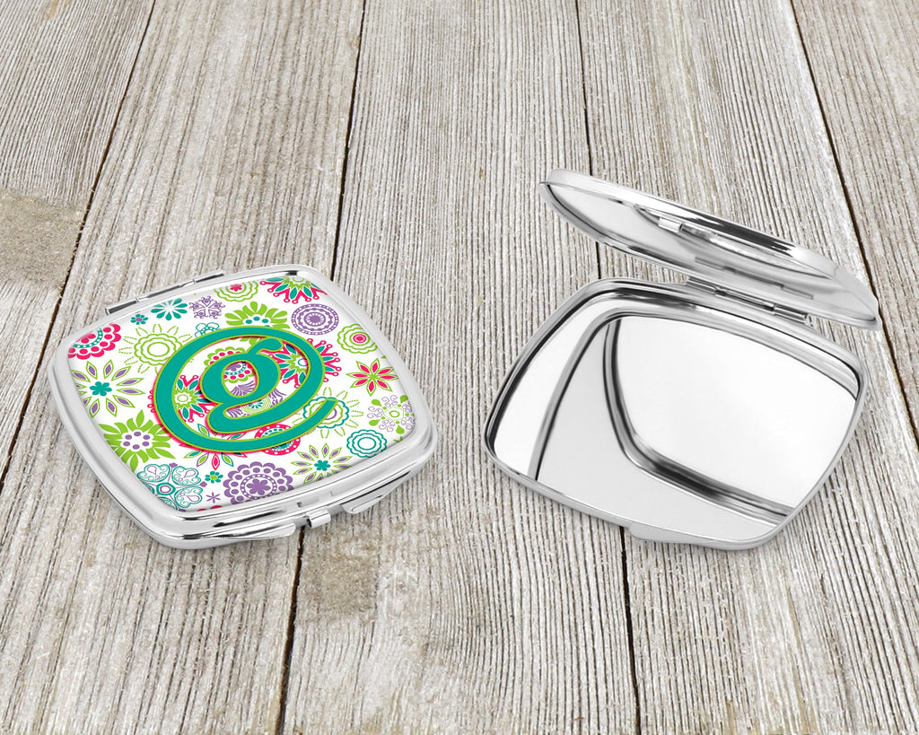 Letter G Flowers Pink Teal Green Initial Compact Mirror Decorative Travel Makeup Mirror for Women Girls Gifts Pocket Makeup Mirror Folding Handheld