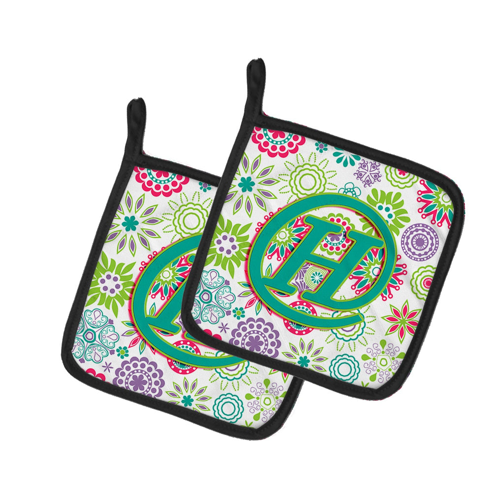 Letter H Flowers Pink Teal Green Initial Pot Holder Set of 2 Heat Resistant Quilted Hot Pads 7.5 x 7.5 Inch, Insulated Kitchen Trivets for Cooking & Baking