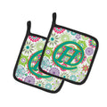 Letter H Flowers Pink Teal Green Initial Pot Holder Set of 2 Heat Resistant Quilted Hot Pads 7.5 x 7.5 Inch, Insulated Kitchen Trivets for Cooking & Baking