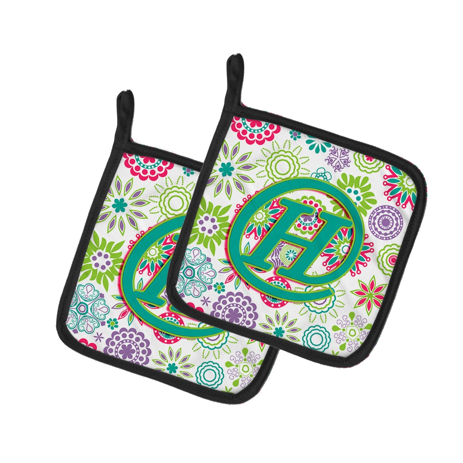 Letter H Flowers Pink Teal Green Initial Pot Holder Set of 2 Heat Resistant Quilted Hot Pads 7.5 x 7.5 Inch, Insulated Kitchen Trivets for Cooking & Baking