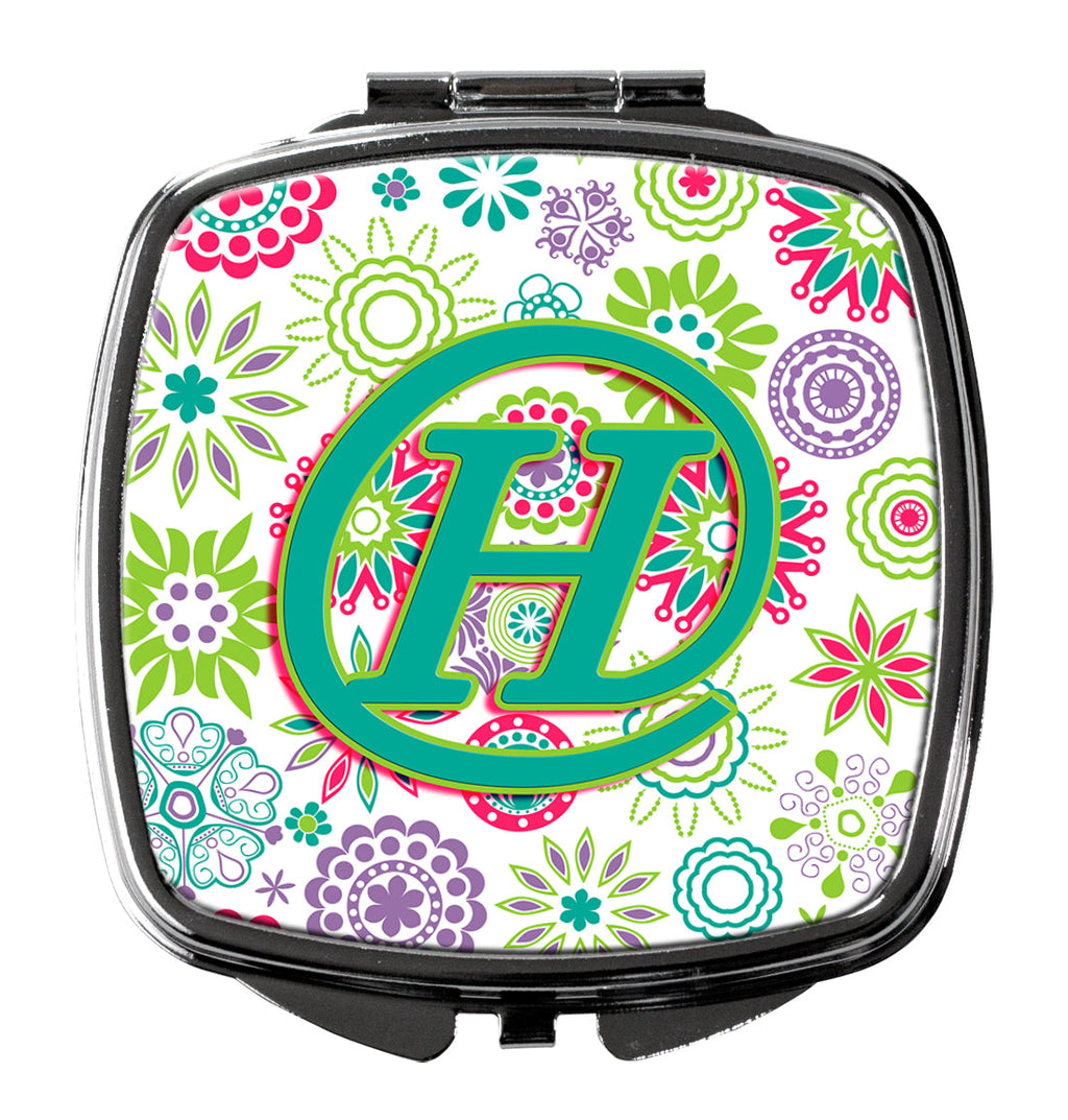 Letter H Flowers Pink Teal Green Initial Compact Mirror Decorative Travel Makeup Mirror for Women Girls Gifts Pocket Makeup Mirror Folding Handheld