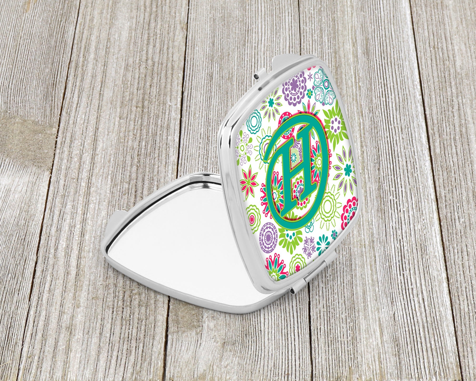Letter H Flowers Pink Teal Green Initial Compact Mirror Decorative Travel Makeup Mirror for Women Girls Gifts Pocket Makeup Mirror Folding Handheld