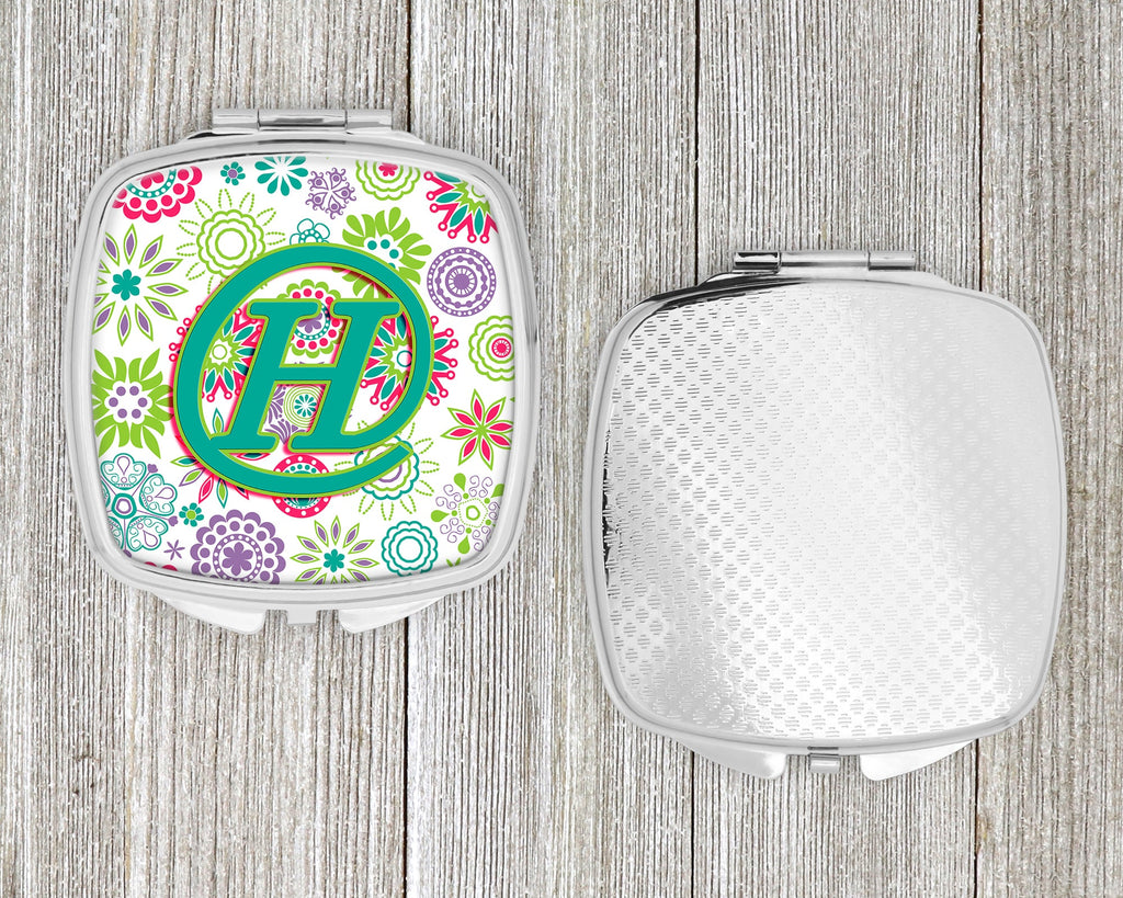 Letter H Flowers Pink Teal Green Initial Compact Mirror Decorative Travel Makeup Mirror for Women Girls Gifts Pocket Makeup Mirror Folding Handheld