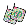 Letter I Flowers Pink Teal Green Initial Pot Holder Set of 2 Heat Resistant Quilted Hot Pads 7.5 x 7.5 Inch, Insulated Kitchen Trivets for Cooking & Baking