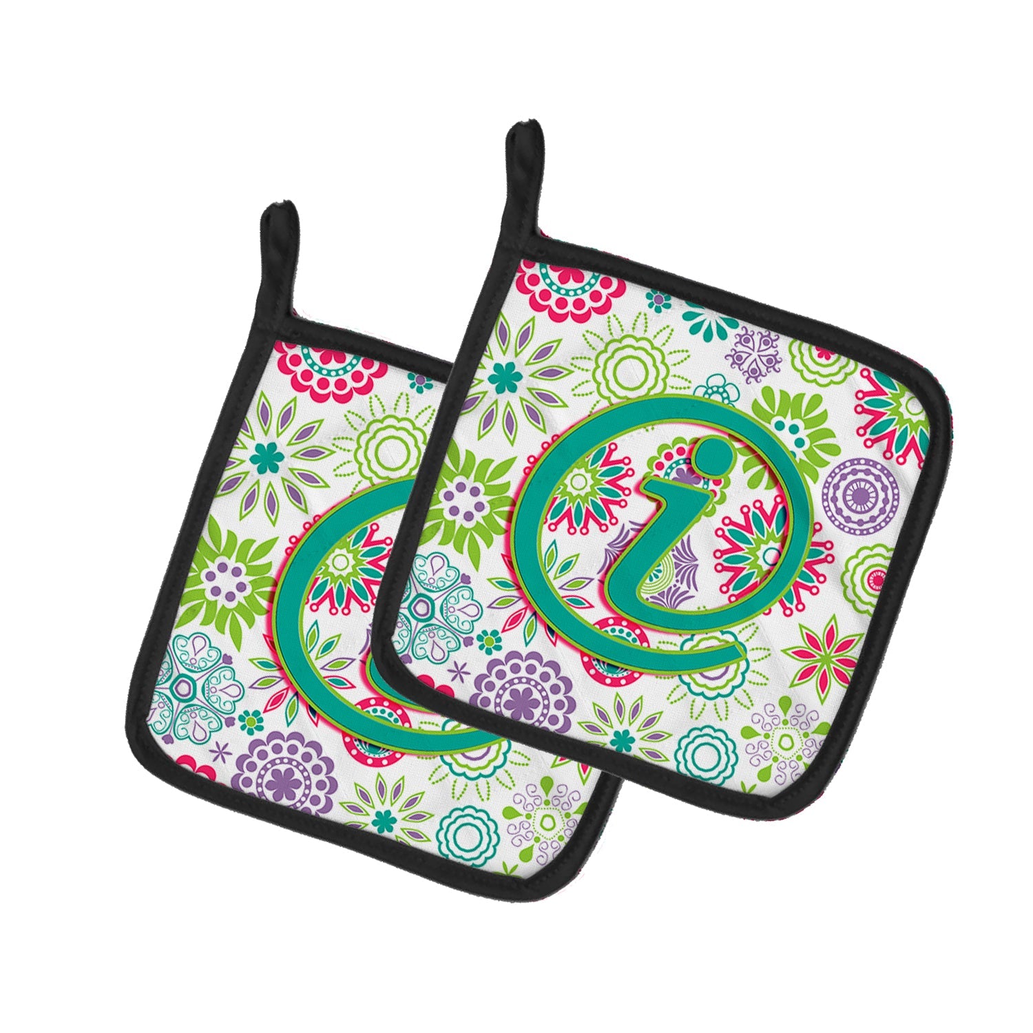 Letter I Flowers Pink Teal Green Initial Pot Holder Set of 2 Heat Resistant Quilted Hot Pads 7.5 x 7.5 Inch, Insulated Kitchen Trivets for Cooking & Baking