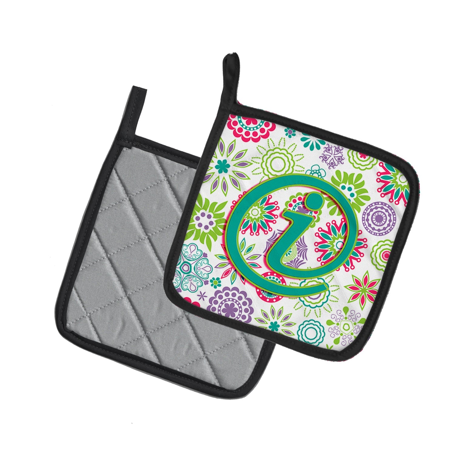 Letter I Flowers Pink Teal Green Initial Pot Holder Set of 2 Heat Resistant Quilted Hot Pads 7.5 x 7.5 Inch, Insulated Kitchen Trivets for Cooking & Baking