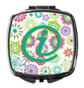 Letter I Flowers Pink Teal Green Initial Compact Mirror Decorative Travel Makeup Mirror for Women Girls Gifts Pocket Makeup Mirror Folding Handheld