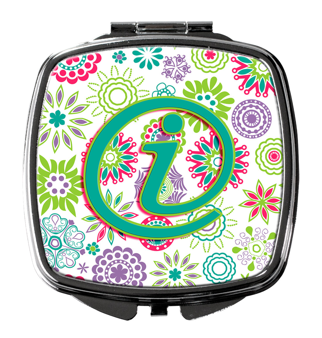 Letter I Flowers Pink Teal Green Initial Compact Mirror Decorative Travel Makeup Mirror for Women Girls Gifts Pocket Makeup Mirror Folding Handheld
