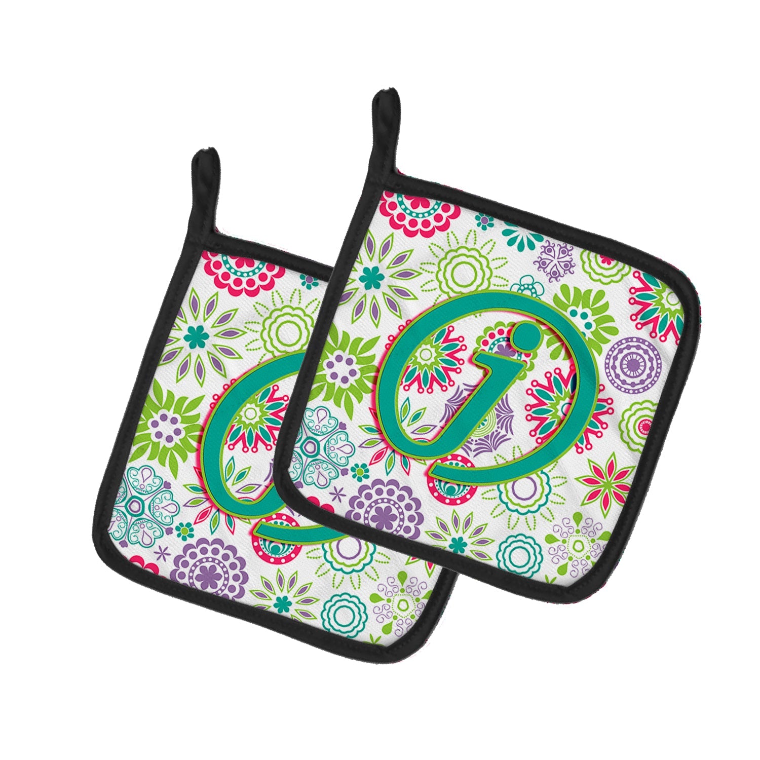 Letter J Flowers Pink Teal Green Initial Pot Holder Set of 2 Heat Resistant Quilted Hot Pads 7.5 x 7.5 Inch, Insulated Kitchen Trivets for Cooking & Baking