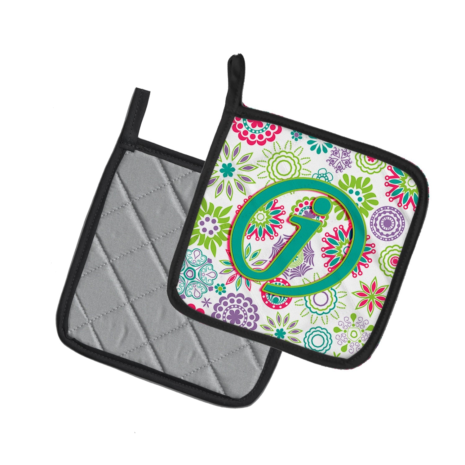 Letter J Flowers Pink Teal Green Initial Pot Holder Set of 2 Heat Resistant Quilted Hot Pads 7.5 x 7.5 Inch, Insulated Kitchen Trivets for Cooking & Baking