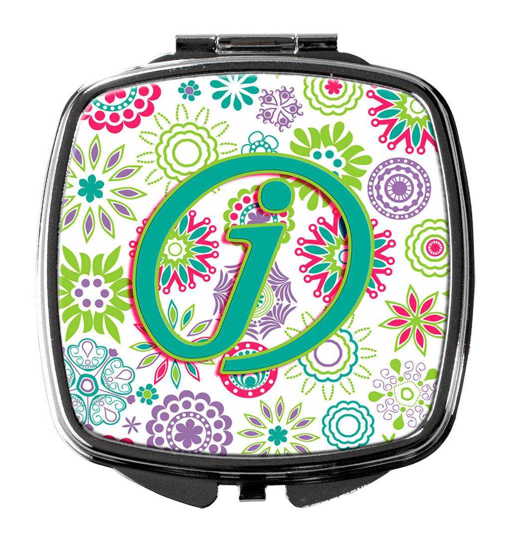 Letter J Flowers Pink Teal Green Initial Compact Mirror Decorative Travel Makeup Mirror for Women Girls Gifts Pocket Makeup Mirror Folding Handheld