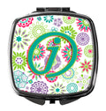 Letter J Flowers Pink Teal Green Initial Compact Mirror Decorative Travel Makeup Mirror for Women Girls Gifts Pocket Makeup Mirror Folding Handheld