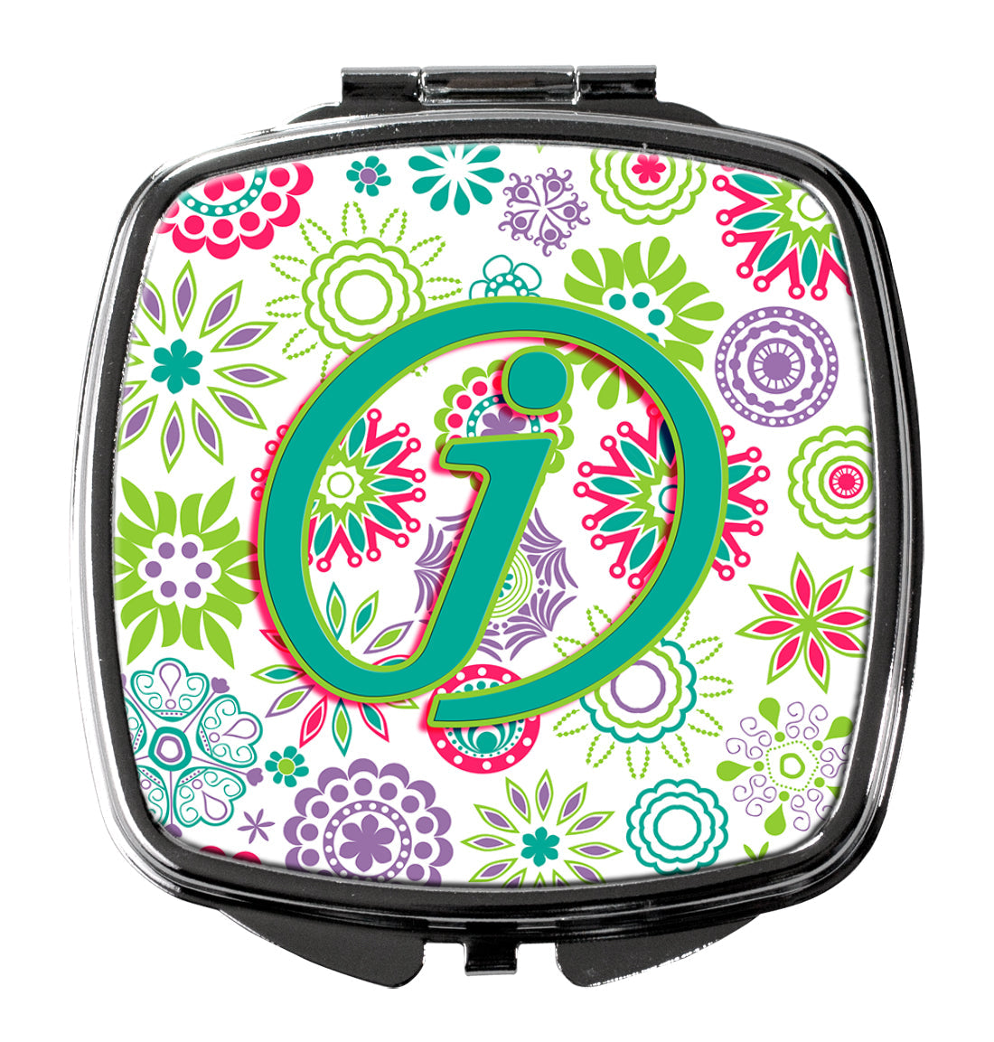 Letter J Flowers Pink Teal Green Initial Compact Mirror Decorative Travel Makeup Mirror for Women Girls Gifts Pocket Makeup Mirror Folding Handheld