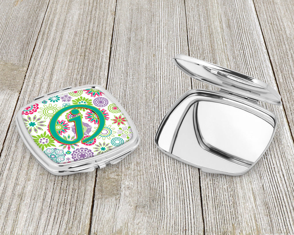 Letter J Flowers Pink Teal Green Initial Compact Mirror Decorative Travel Makeup Mirror for Women Girls Gifts Pocket Makeup Mirror Folding Handheld