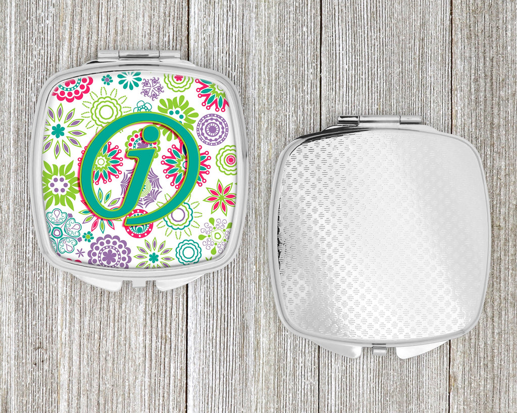 Letter J Flowers Pink Teal Green Initial Compact Mirror Decorative Travel Makeup Mirror for Women Girls Gifts Pocket Makeup Mirror Folding Handheld
